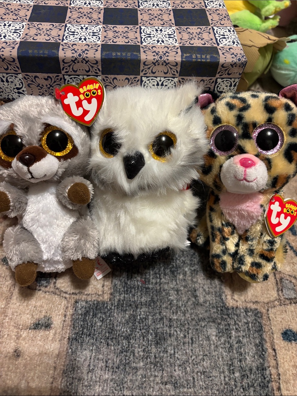 Ty Plush Trio - White Owl, Gray Lemur, Leopard Cub with Pink Accents